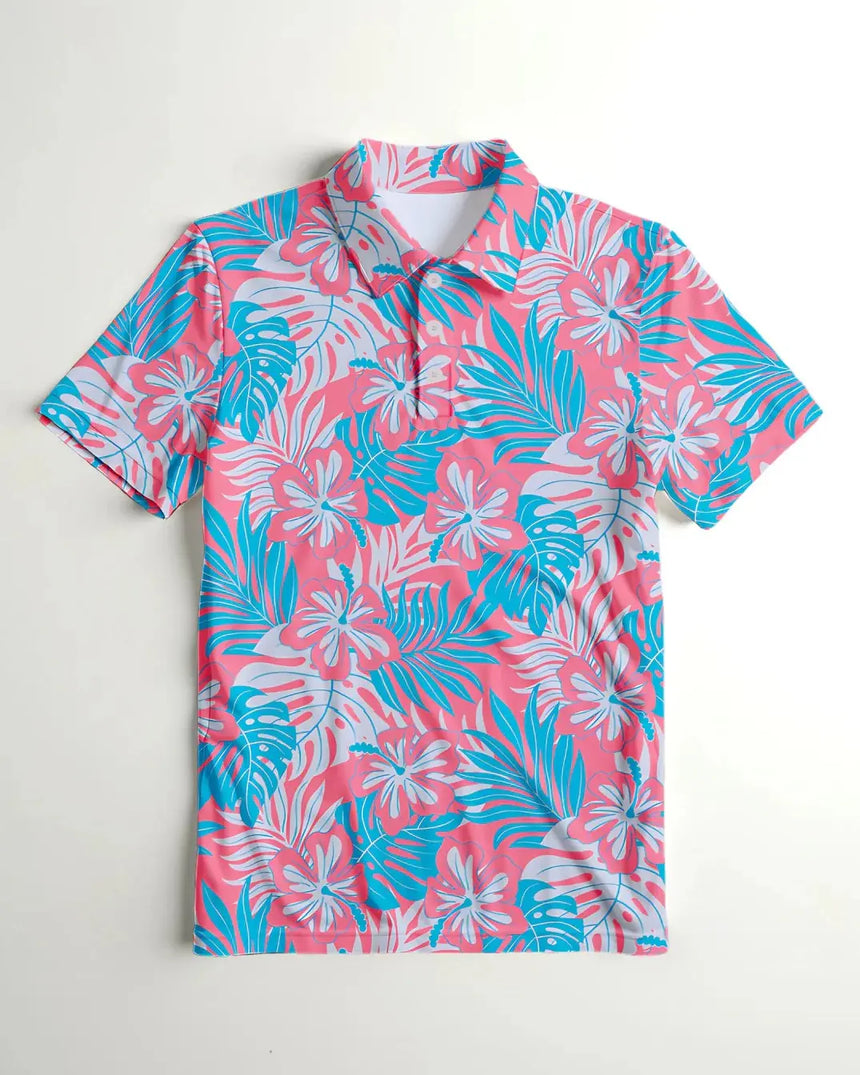 youth short sleeve golf polo in Pink Palms print - front view