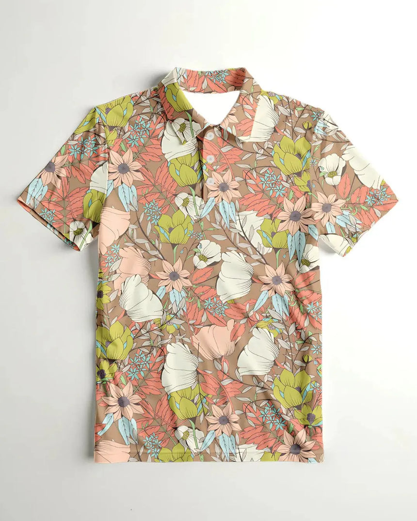 youth short sleeve golf polo in Vintage Garden print - front view