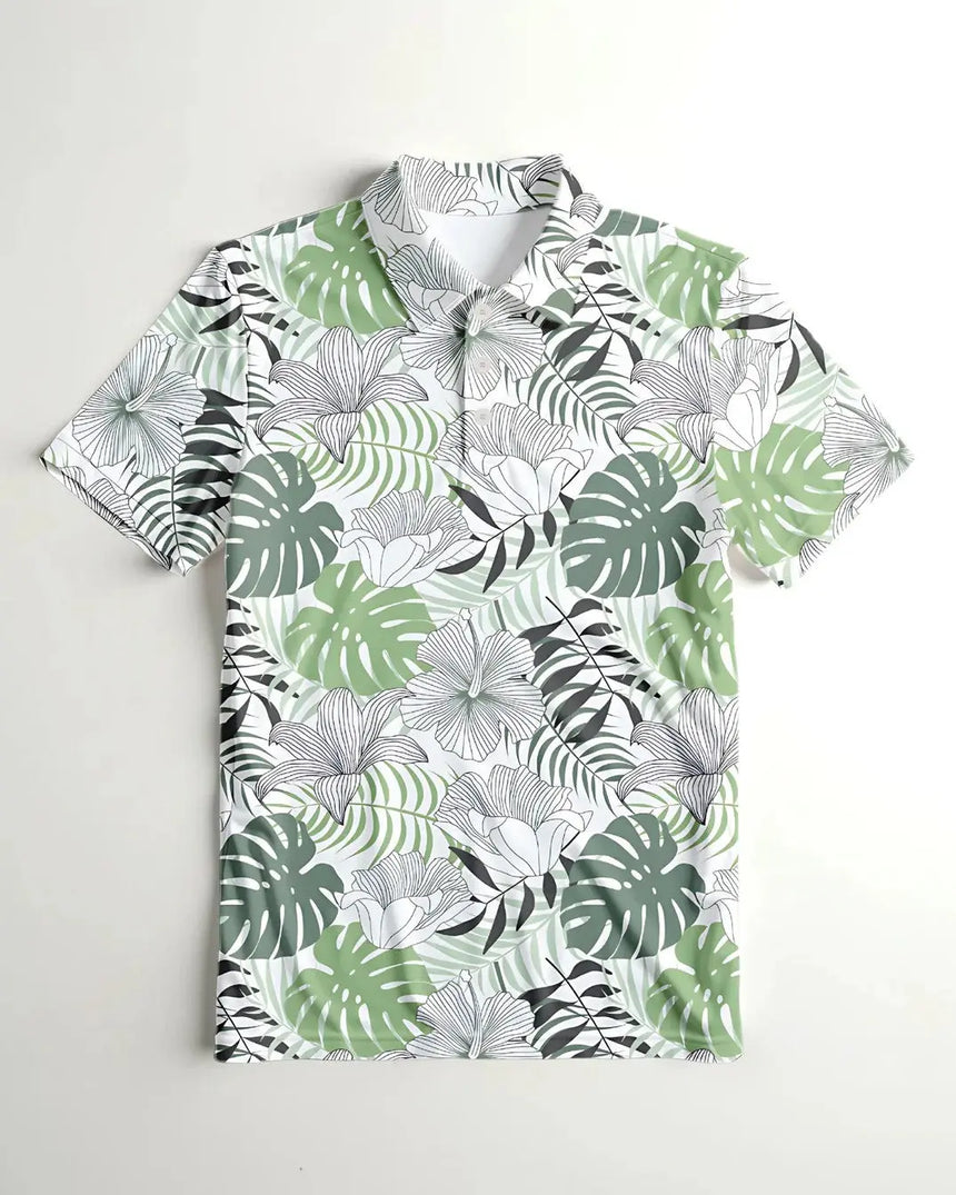 youth short sleeve golf polo in Zen Greens print - front view