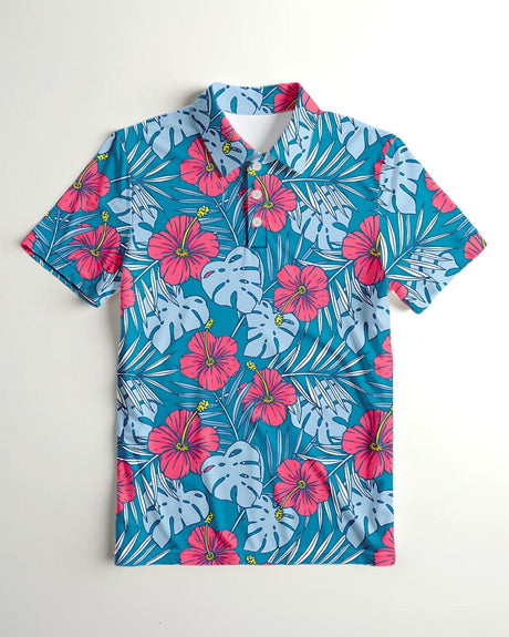 Short-sleeve golf polo shirt with tropical floral pattern on a white background