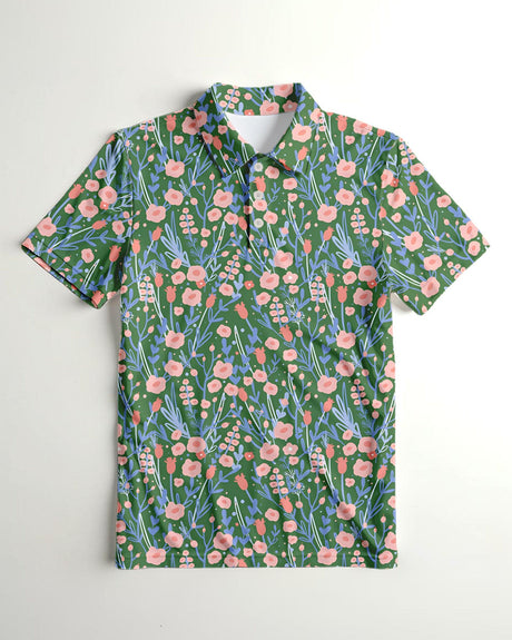 Floral print polo shirt on a white background
