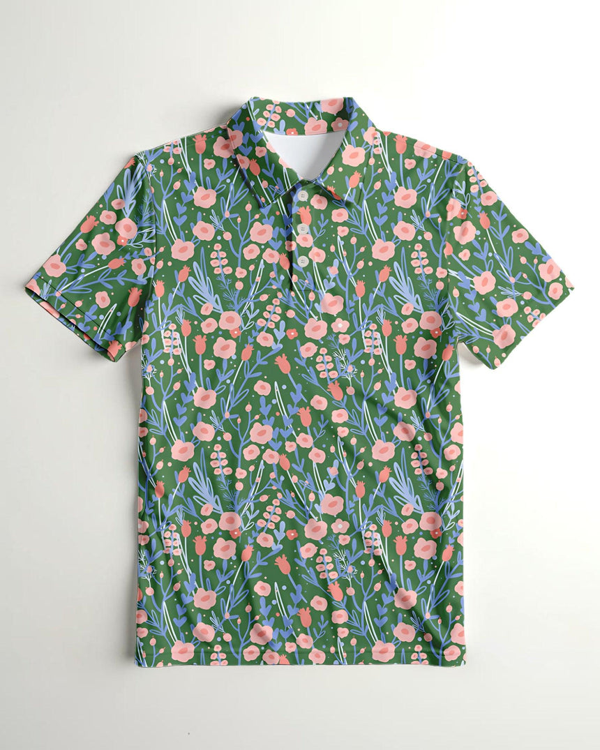 Floral print polo shirt on a white background