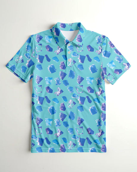 Blue patterned polo shirt on a light gray background
