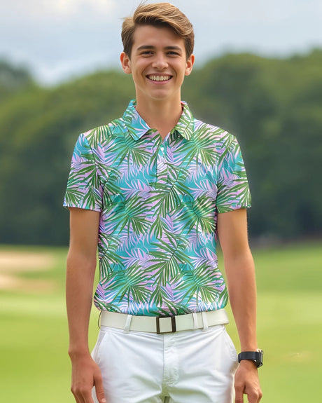 Teenage boy wearing a colorful palm leaf pattern polo shirt on a golf course