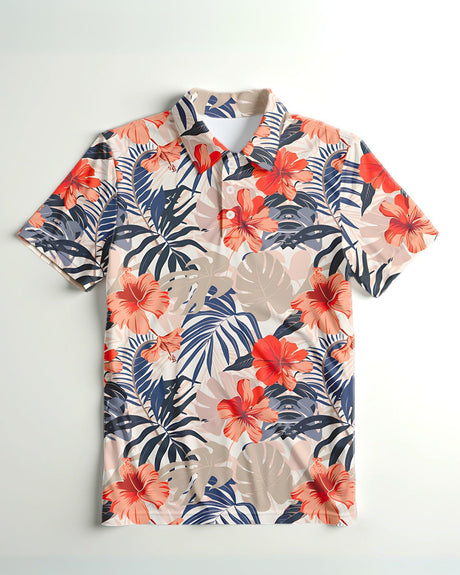 Hawaiian golf polo with tropical floral pattern on a light gray background