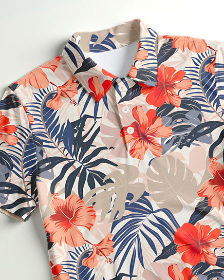 Hawaiian floral print golf polo shirt with tropical floral pattern on a white background