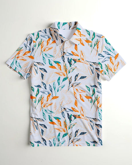 Short-sleeve pol shirt with colorful leaf pattern on a light background