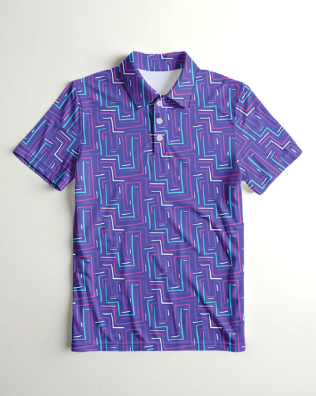 Purple geometric patterned polo shirt on a white background