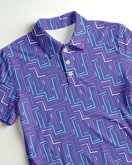 Purple geometric patterned shirt on a light gray background