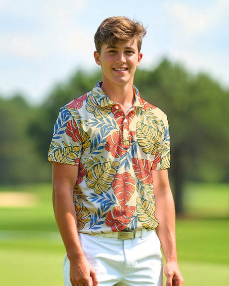 Person wearing a colorful tropical shirt on a golf course